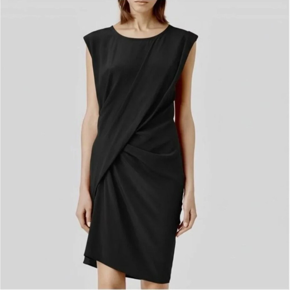 AllSaints Ayla Silk Dress Womens US 6 Black Draped Asymmetrical Avant Garde Goth